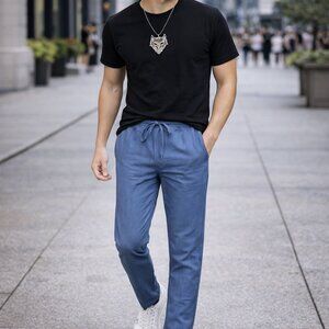 Light Summer Joggers for Men - Slim Fit - Pockets - Elastic & Draw Cord - Blue